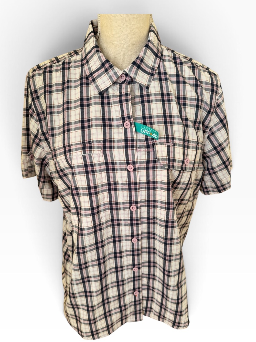 Orvis Open Air Short-Sleeve White/Pink/Navy Plaid Button-Down Shirt  L